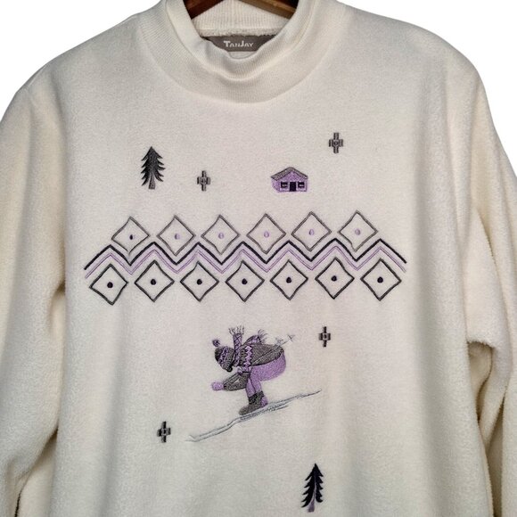 Vintage Tanjay Ski Sweatshirt Off Cream Fleece Double Crew Neck Skiing Winter - Picture 1 of 16